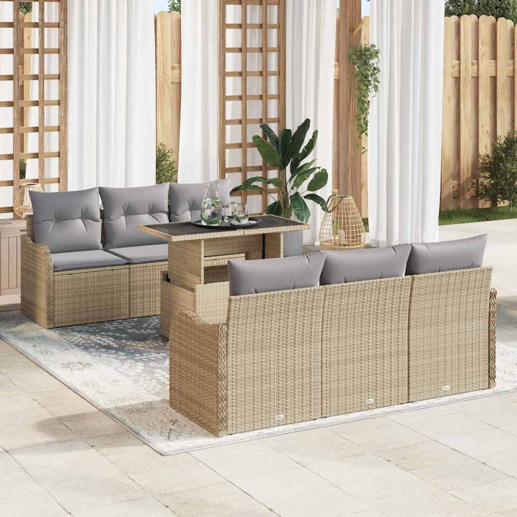 Garten-Sofa-Set mit Kissen 7 pcs Beige Poly Rattan