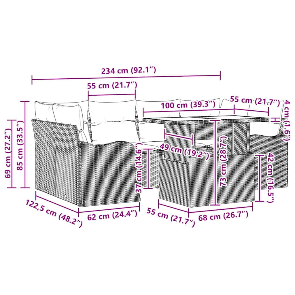 Garten-Sofa-Set mit Kissen 7 pcs Braun Poly Rattan