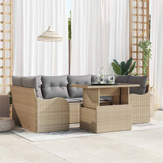 Garten-Sofa-Set mit Kissen 7 pcs Beige Poly Rattan