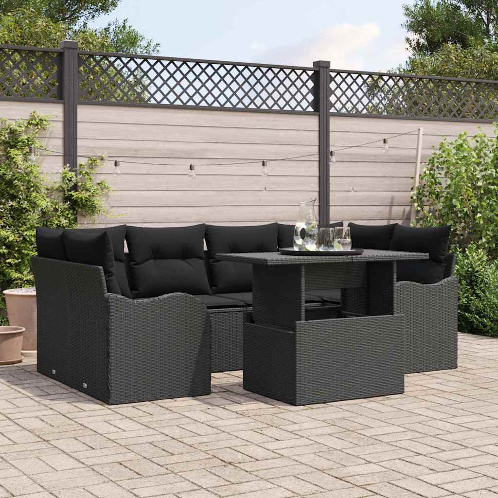 Garten-Sofa-Set mit Kissen 7 pcs Schwarz Poly Rattan