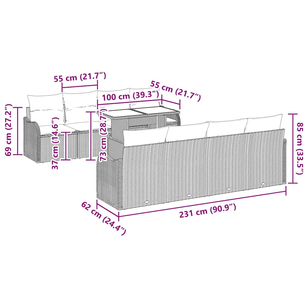 Garten-Sofa-Set mit Kissen 7 pcs Hellgrau Poly Rattan