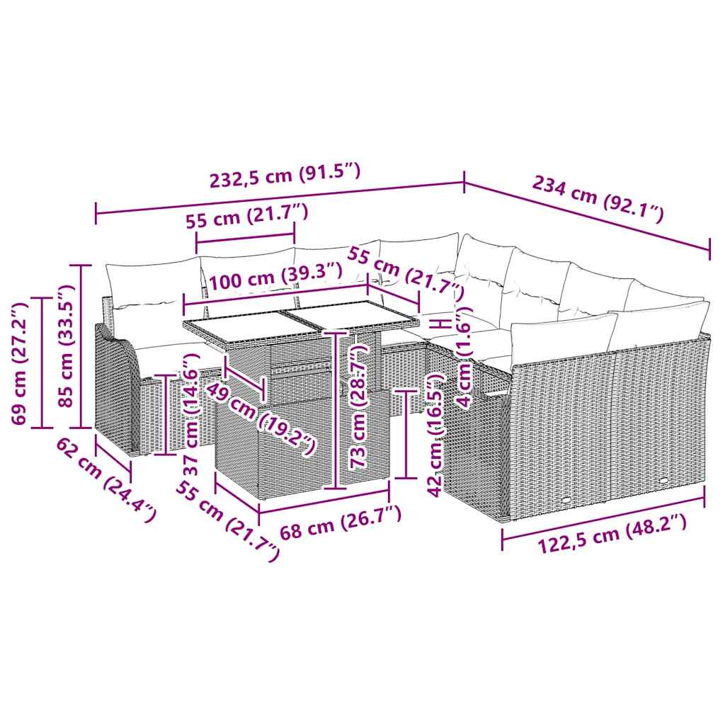 Garten-Sofa-Set mit Kissen 9 pcs Braun Poly Rattan