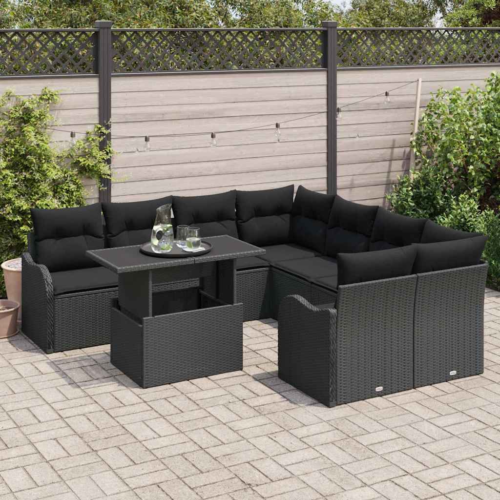 Garten-Sofa-Set mit Kissen 9 pcs Schwarz Poly Rattan