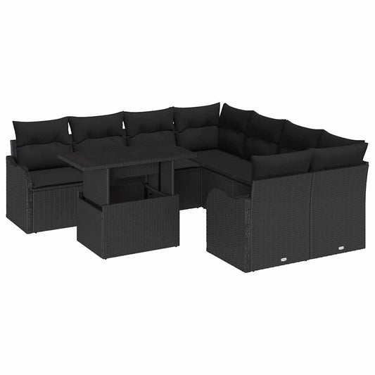 Garten-Sofa-Set mit Kissen 9 pcs Schwarz Poly Rattan