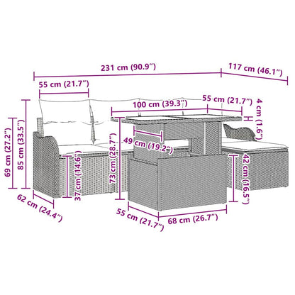 Garten-Sofa-Set mit Kissen 6 pcs Braun Poly Rattan