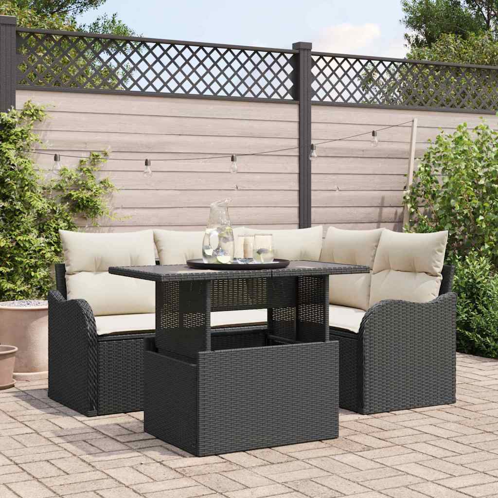 Garten-Sofa-Set mit Kissen 5 pcs Schwarz Poly Rattan