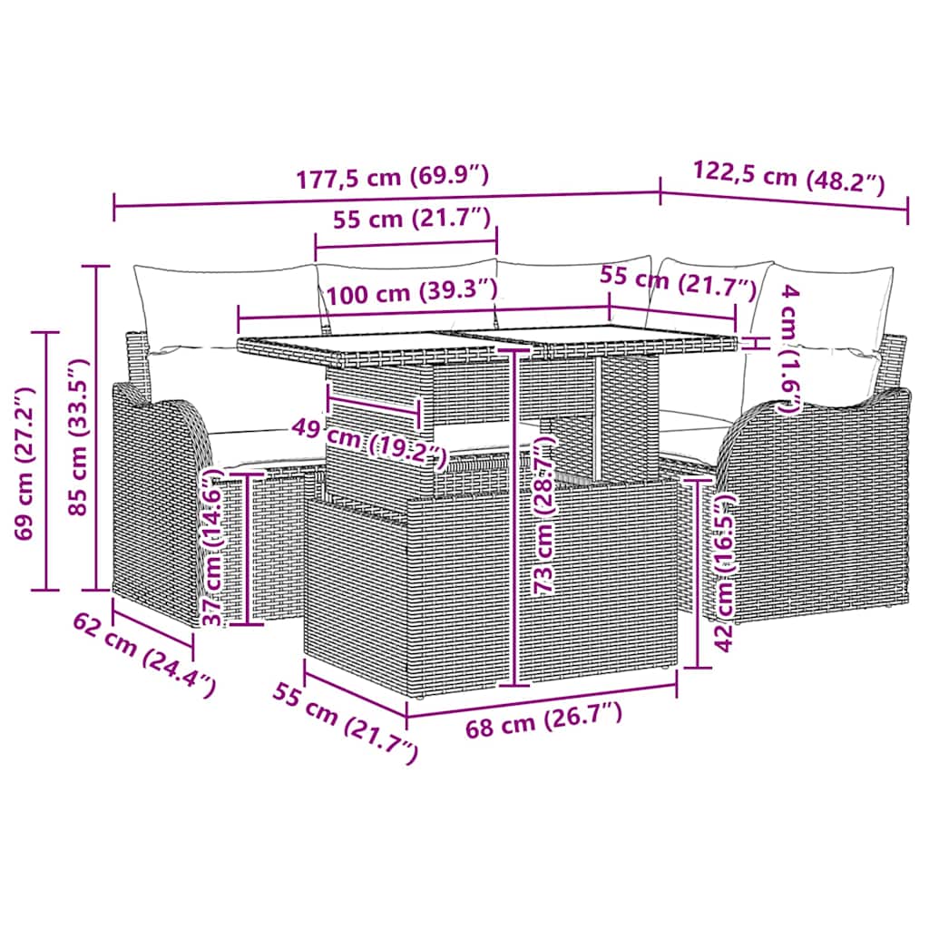 Garten-Sofa-Set mit Kissen 5 pcs Schwarz Poly Rattan