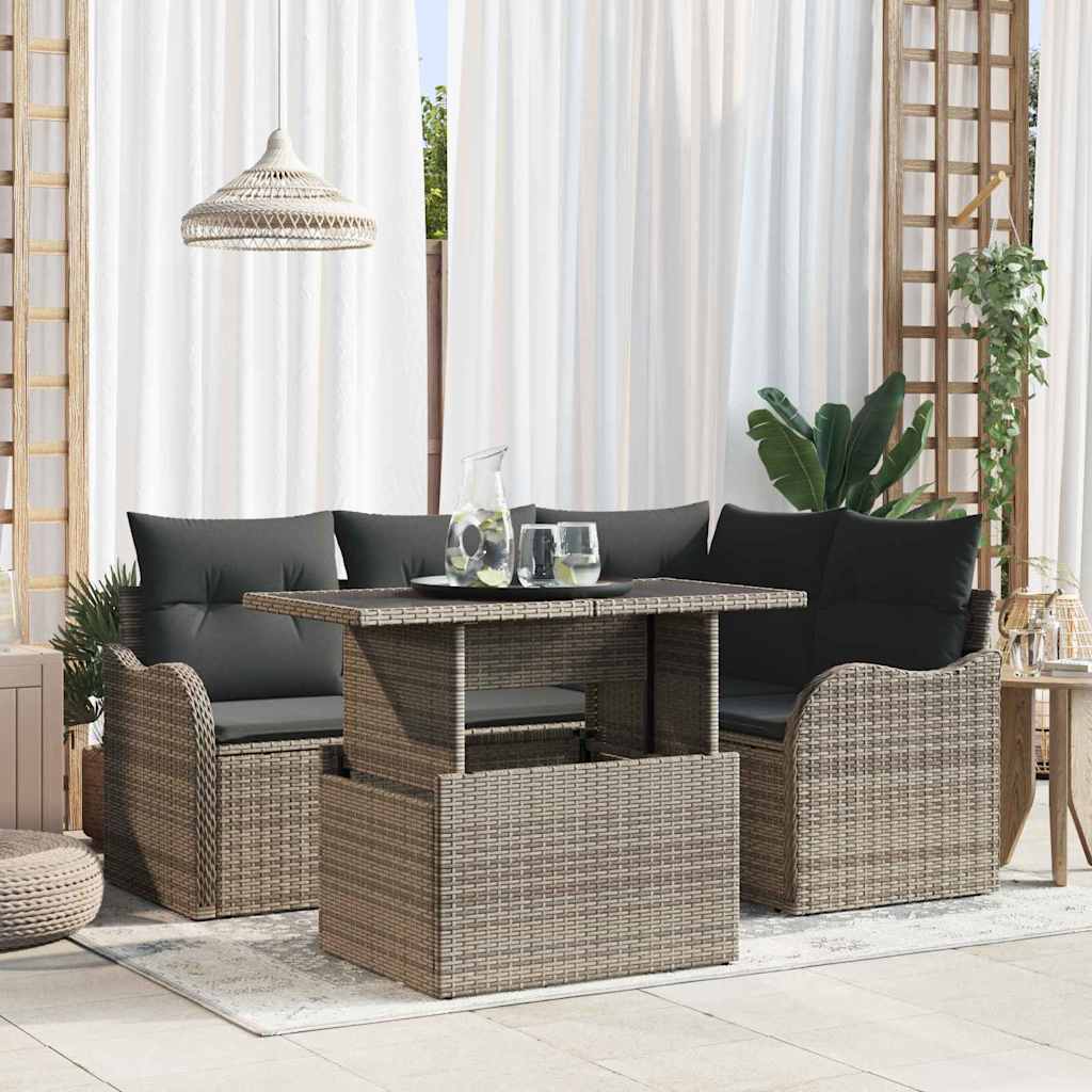 Garten-Sofa-Set mit Kissen 5 pcs Grau Poly Rattan