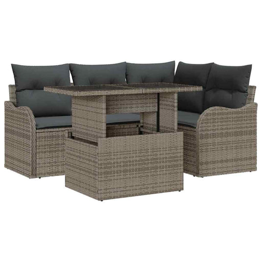 Garten-Sofa-Set mit Kissen 5 pcs Grau Poly Rattan