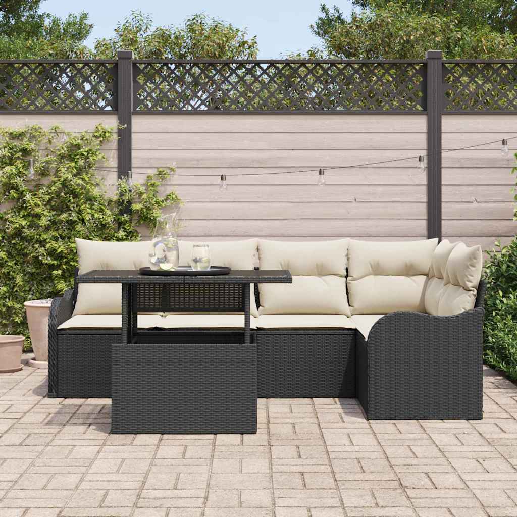 Garten-Sofa-Set mit Kissen 6 pcs Schwarz Poly Rattan