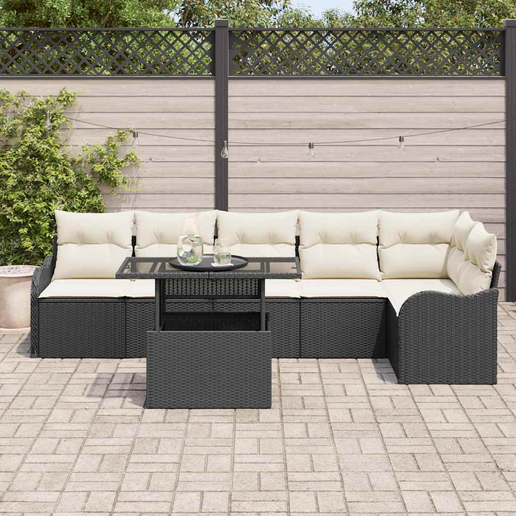 Garten-Sofa-Set mit Kissen 7 pcs Schwarz Poly Rattan