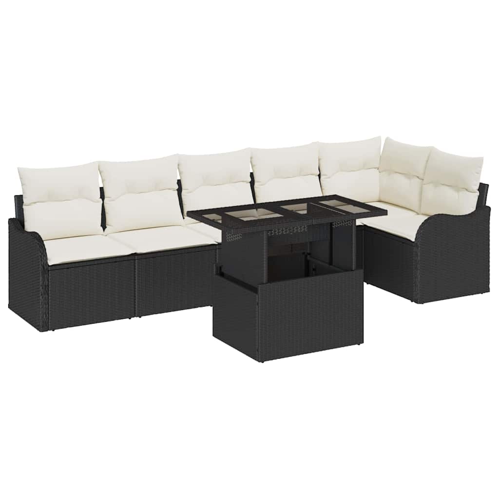 Garten-Sofa-Set mit Kissen 7 pcs Schwarz Poly Rattan