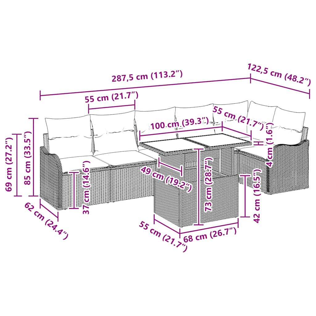 Garten-Sofa-Set mit Kissen 7 pcs Schwarz Poly Rattan