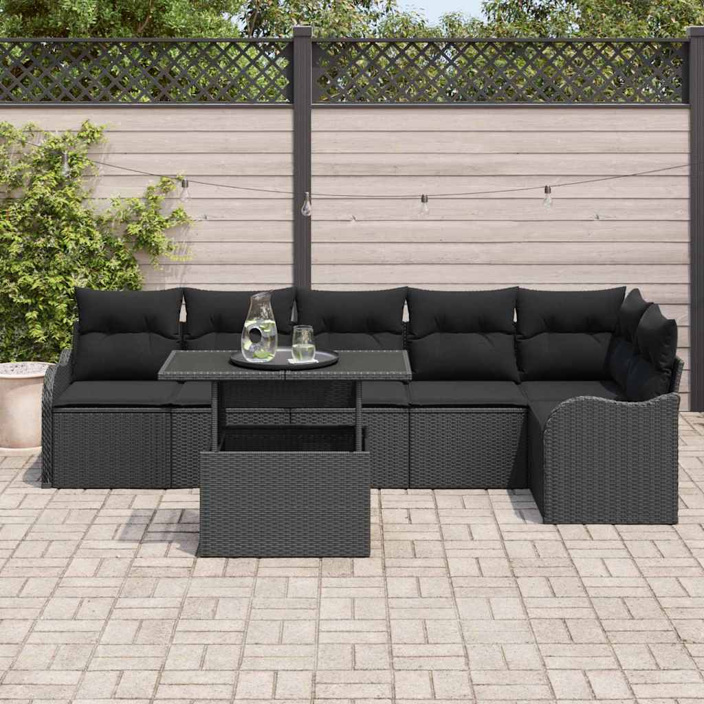 Garten-Sofa-Set mit Kissen 7 pcs Schwarz Poly Rattan