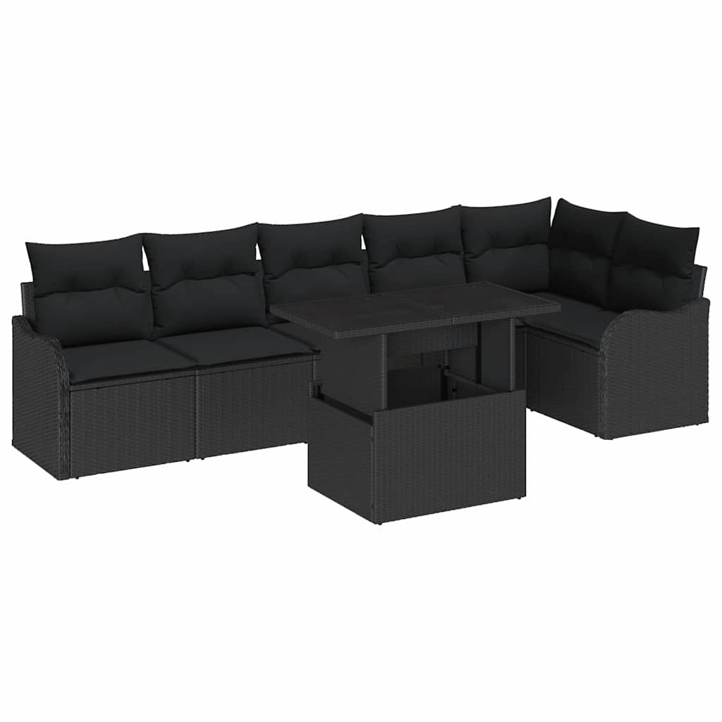 Garten-Sofa-Set mit Kissen 7 pcs Schwarz Poly Rattan