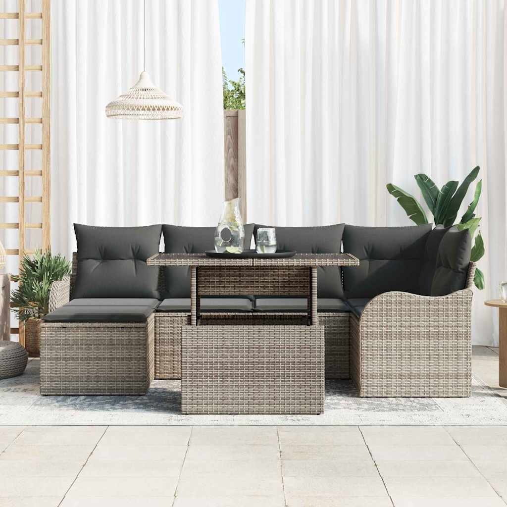 Garten-Sofa-Set mit Kissen 7 pcs Grau Poly Rattan