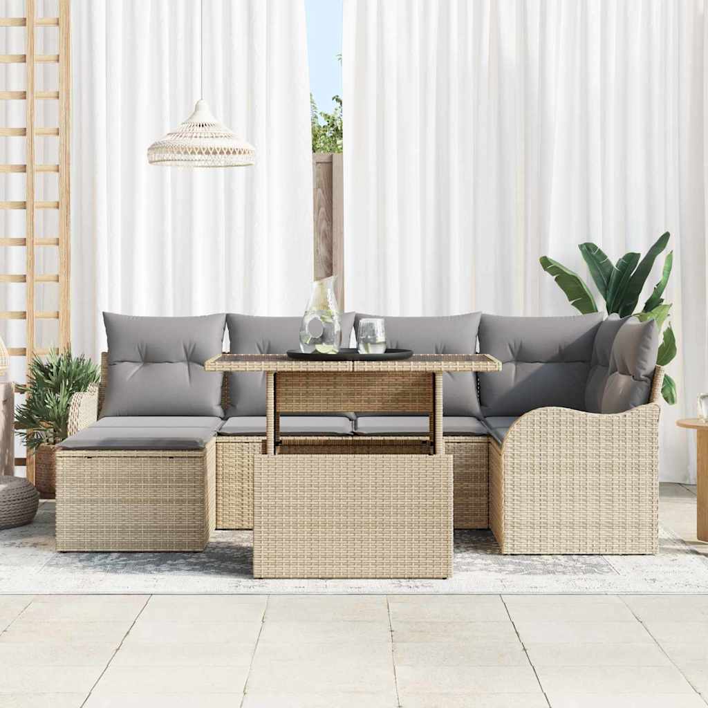 Garten-Sofa-Set mit Kissen 7 pcs Beige Poly Rattan