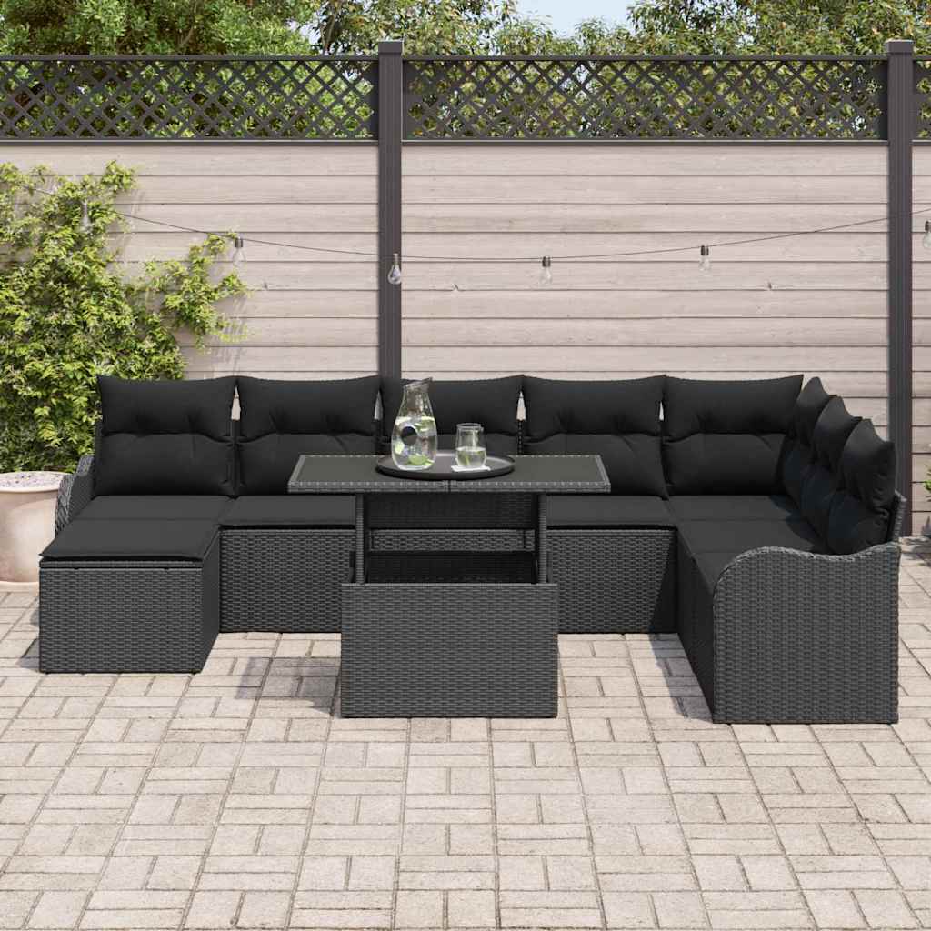 Garten-Sofa-Set mit Kissen 9 pcs Schwarz Poly Rattan