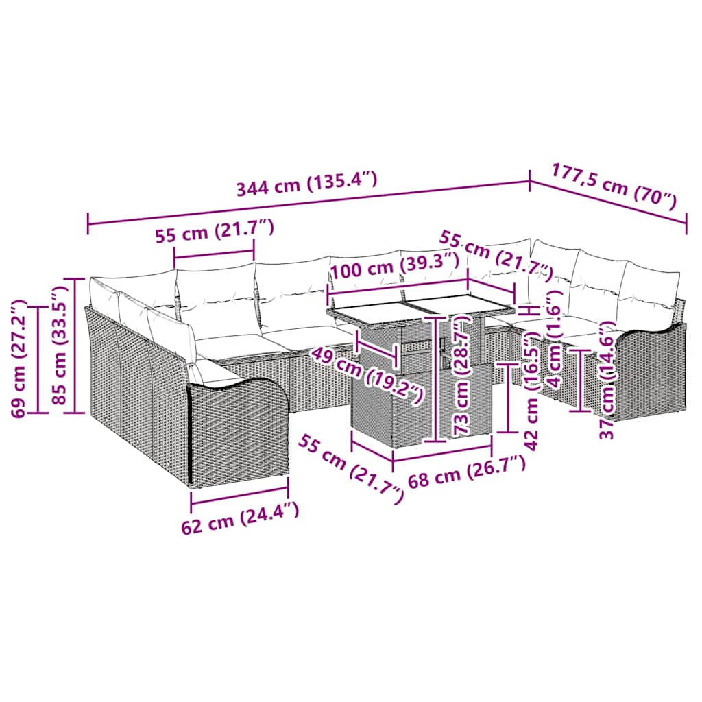 Gartensofa-set mit Kissen 11 pcs Beige Poly Rattan