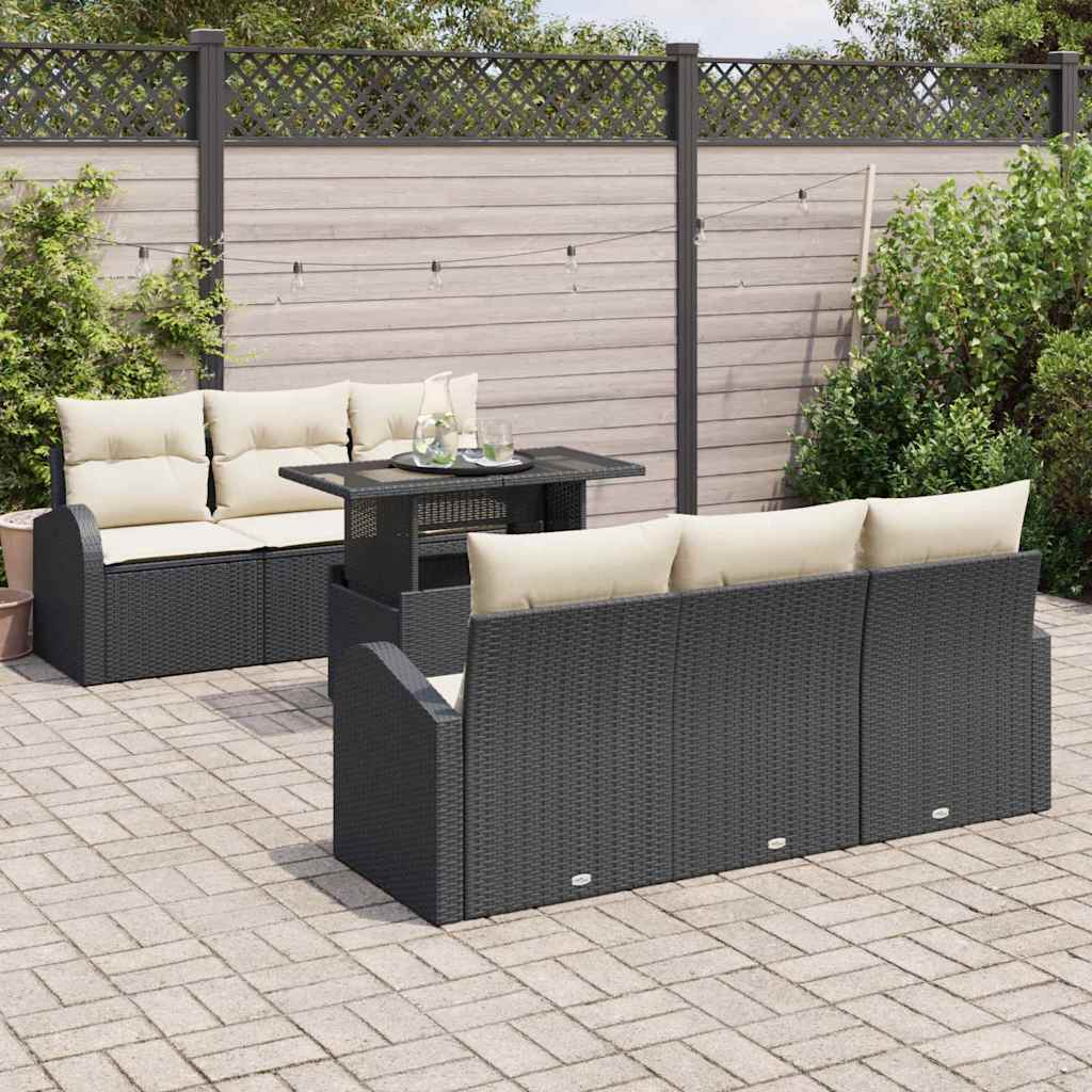 Garten-Sofa-Set mit Kissen 7 pcs Schwarz Poly Rattan
