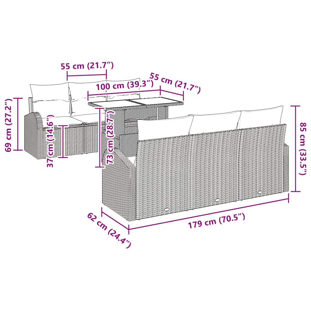 Garten-Sofa-Set mit Kissen 7 pcs Schwarz Poly Rattan