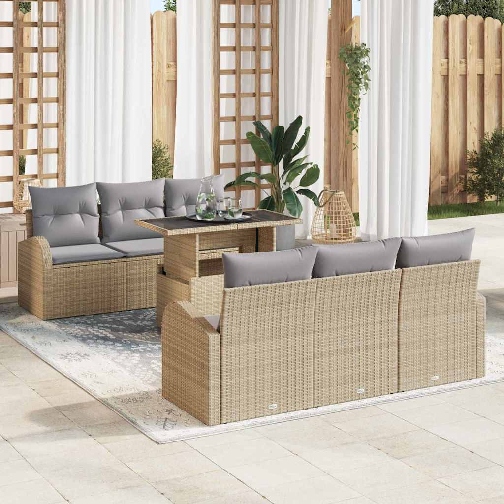 Garten-Sofa-Set mit Kissen 7 pcs Beige Poly Rattan