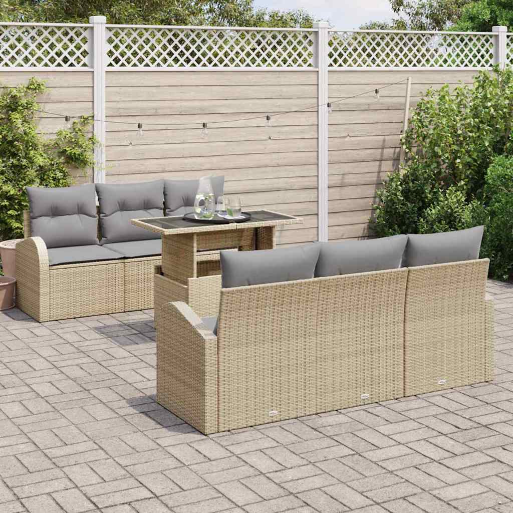 Garten-Sofa-Set mit Kissen 7 pcs Beige Poly Rattan