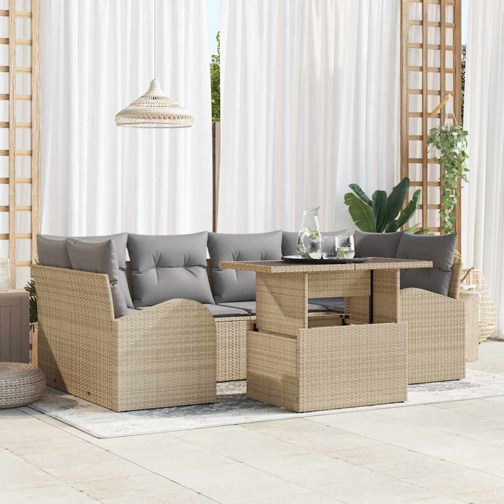 Garten-Sofa-Set mit Kissen 7 pcs Beige Poly Rattan