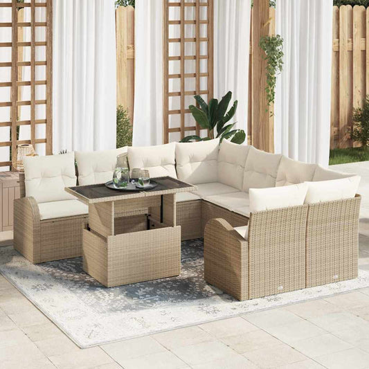 Gartensofa-set mit Speicher 9 pcs Beige Poly-Rattan