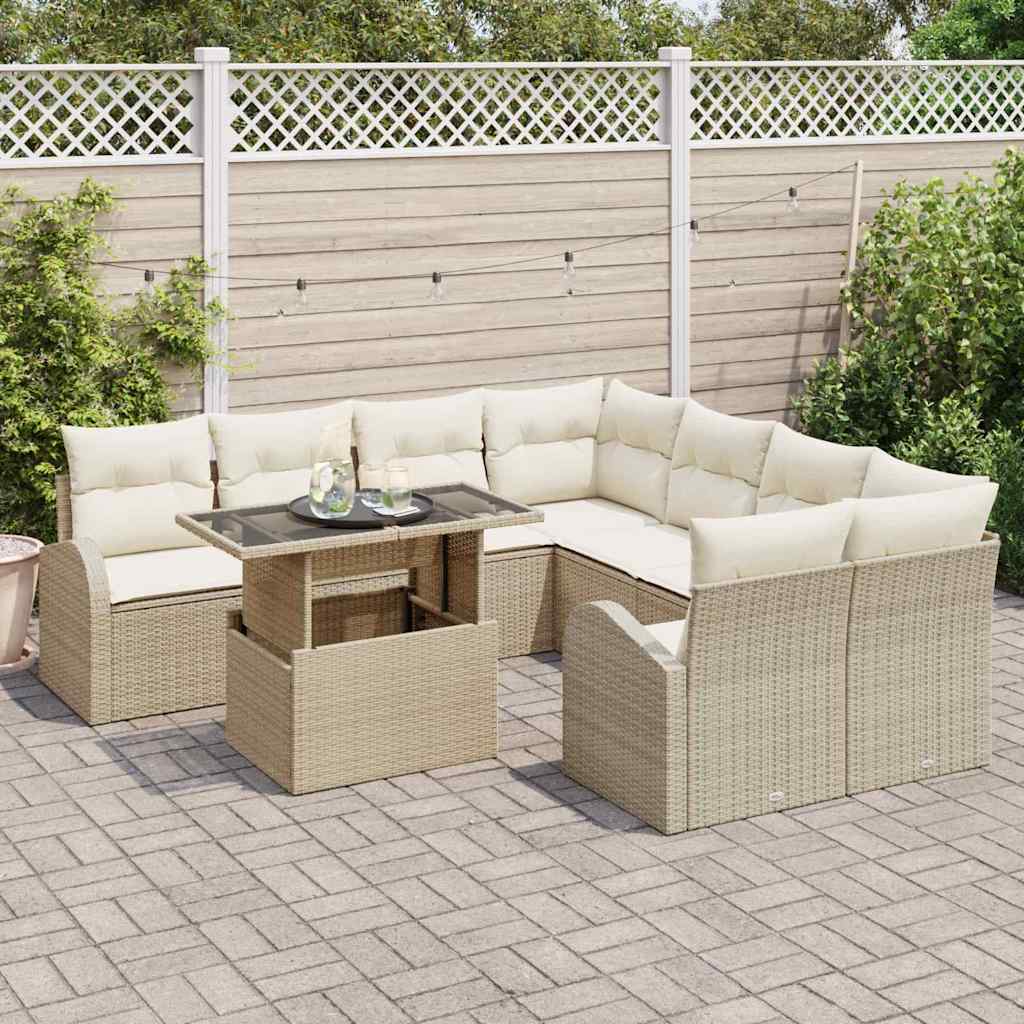 Gartensofa-set mit Speicher 9 pcs Beige Poly-Rattan
