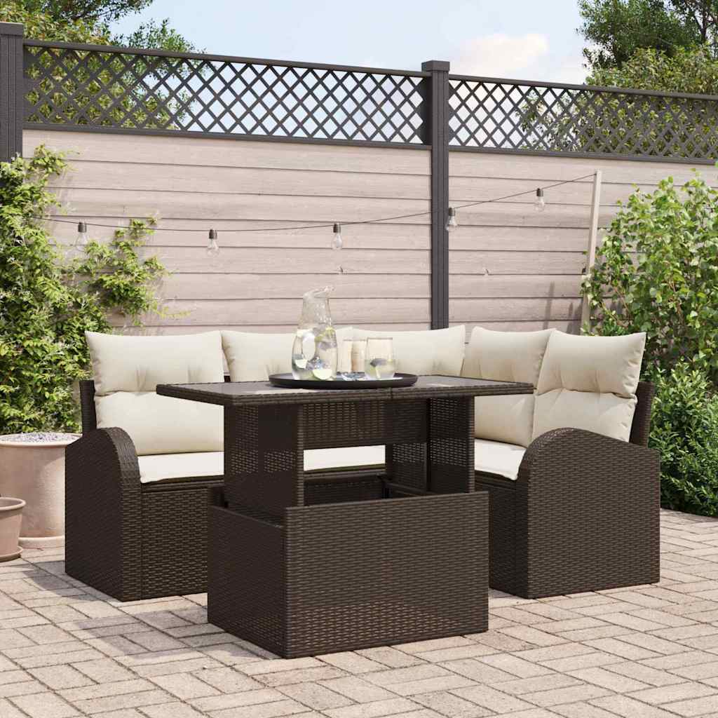 Garten-Sofa-Set mit Kissen 5 pcs Braun Poly Rattan
