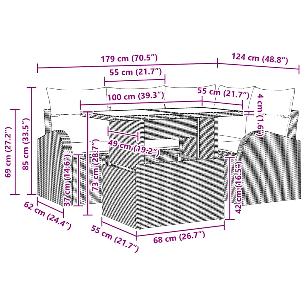 Garten-Sofa-Set mit Kissen 5 pcs Grau Poly Rattan