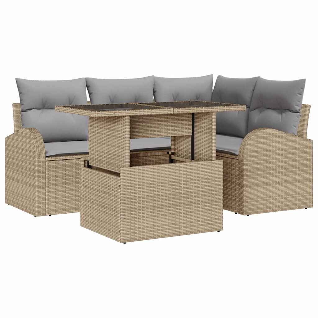 Garten-Sofa-Set mit Kissen 5 pcs Beige Poly Rattan