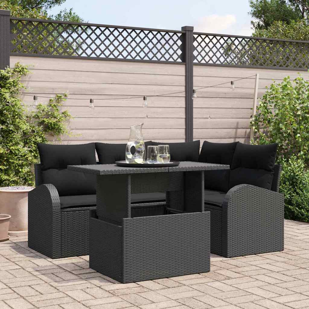 Garten-Sofa-Set mit Kissen 5 pcs Schwarz Poly Rattan