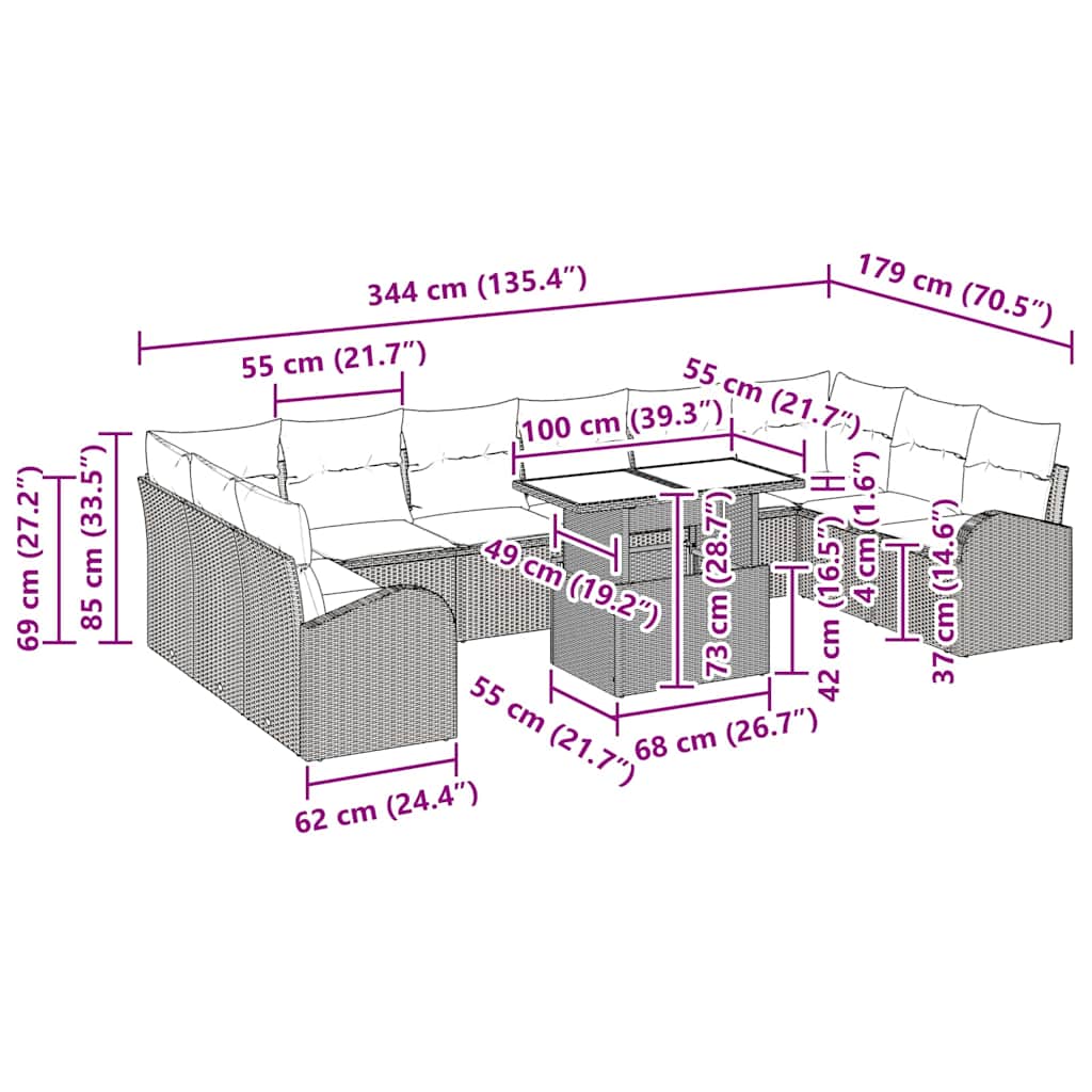 Garten-Sofa-Set 11 pcs Schwarz und Creme 100 x 55 x 73 cm