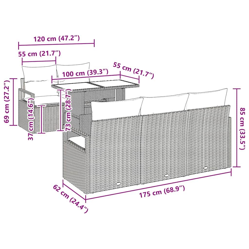 Garten-Sofa-Set 6 pcs Braun und Creme 100 x 55 x 73 cm