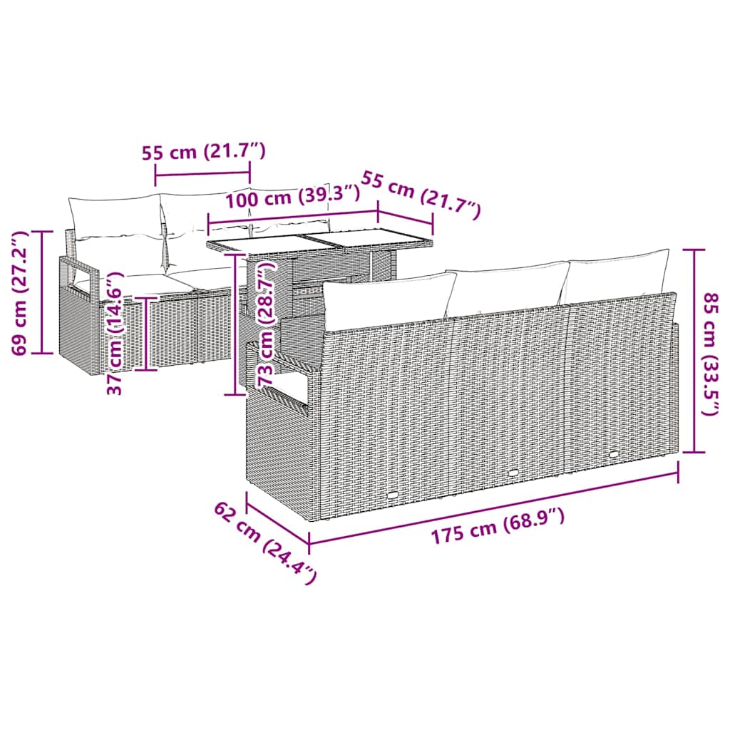 Garten-Sofa-Set 7 pcs Braun und Creme 100 x 55 x 73 cm