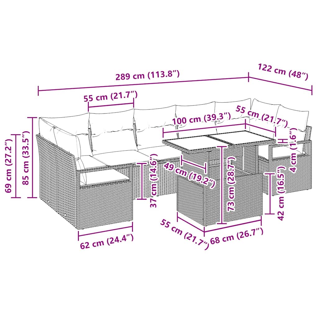 Garten-Sofa-Set 8 pcs Braun und Creme 100 x 55 x 73 cm