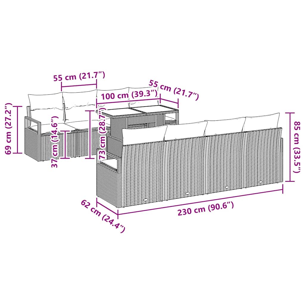 Garten-Sofa-Set mit Kissen 7 pcs Schwarz 100 x 55 x 73 cm