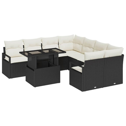 Garten-Sofa-Set 9 pcs Schwarz und Creme 100 x 55 x 73 cm