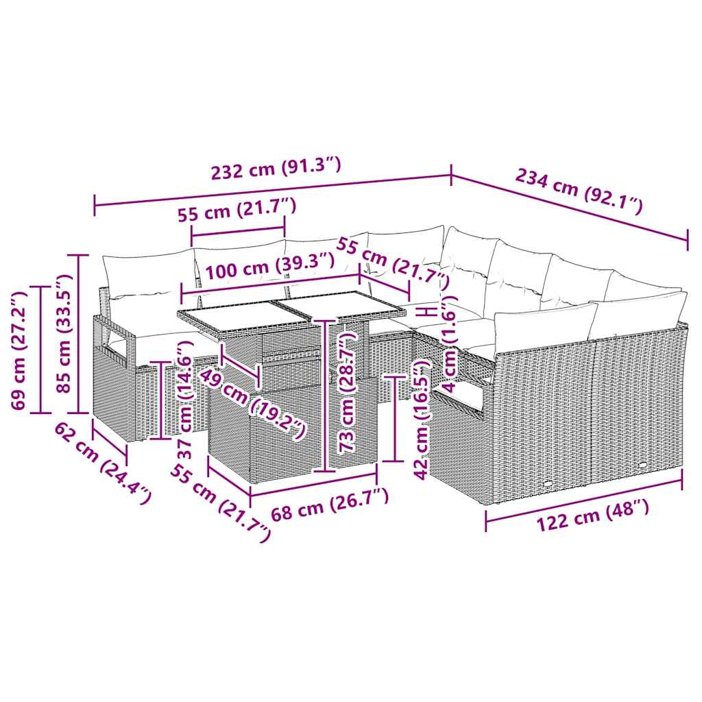Garten-Sofa-Set mit Kissen 9 pcs Hellgrau 100 x 55 x 73 cm