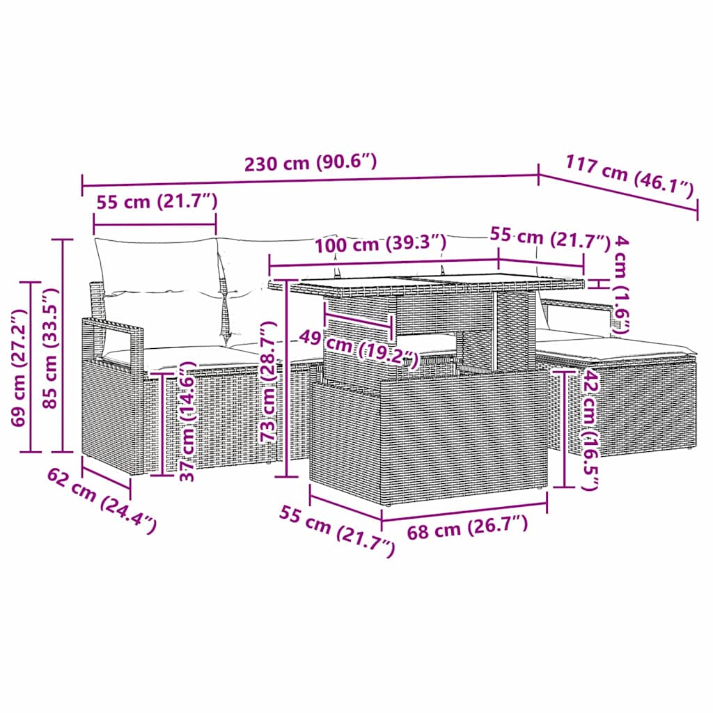 Garten-Sofa-Set mit Kissen 6 pcs Braun und Creme