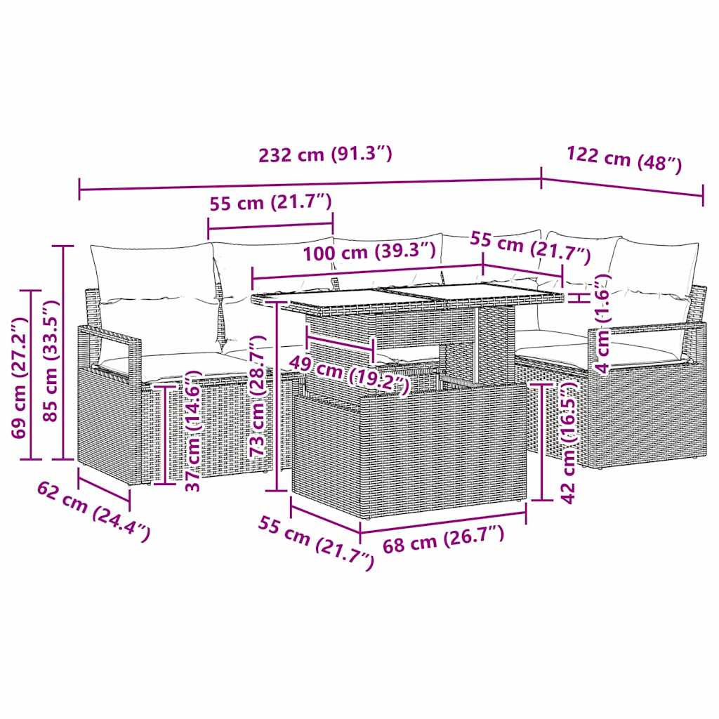 Garten-Sofa-Set mit Kissen 6 pcs Schwarz 100 x 55 x 73 cm