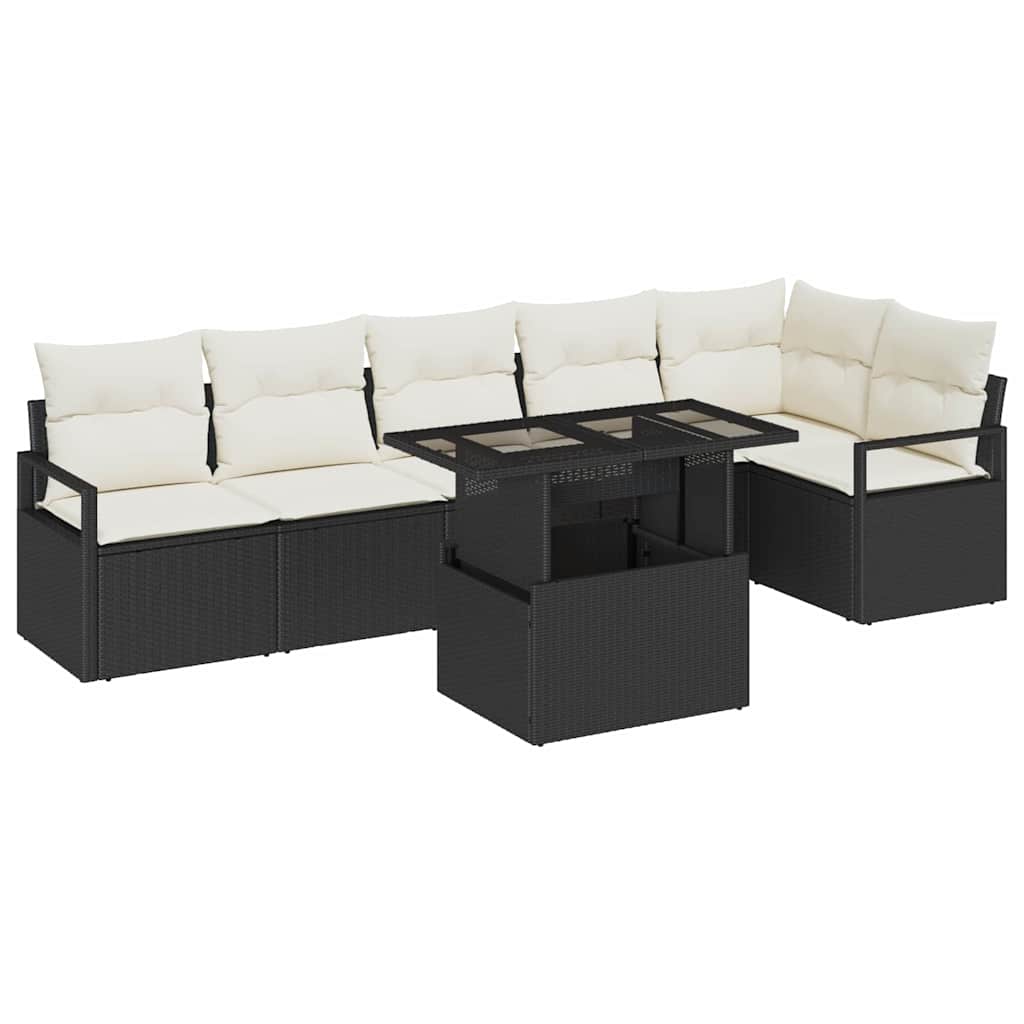 Garten-Sofa-Set mit Kissen 7 pcs Schwarz Poly Rattan