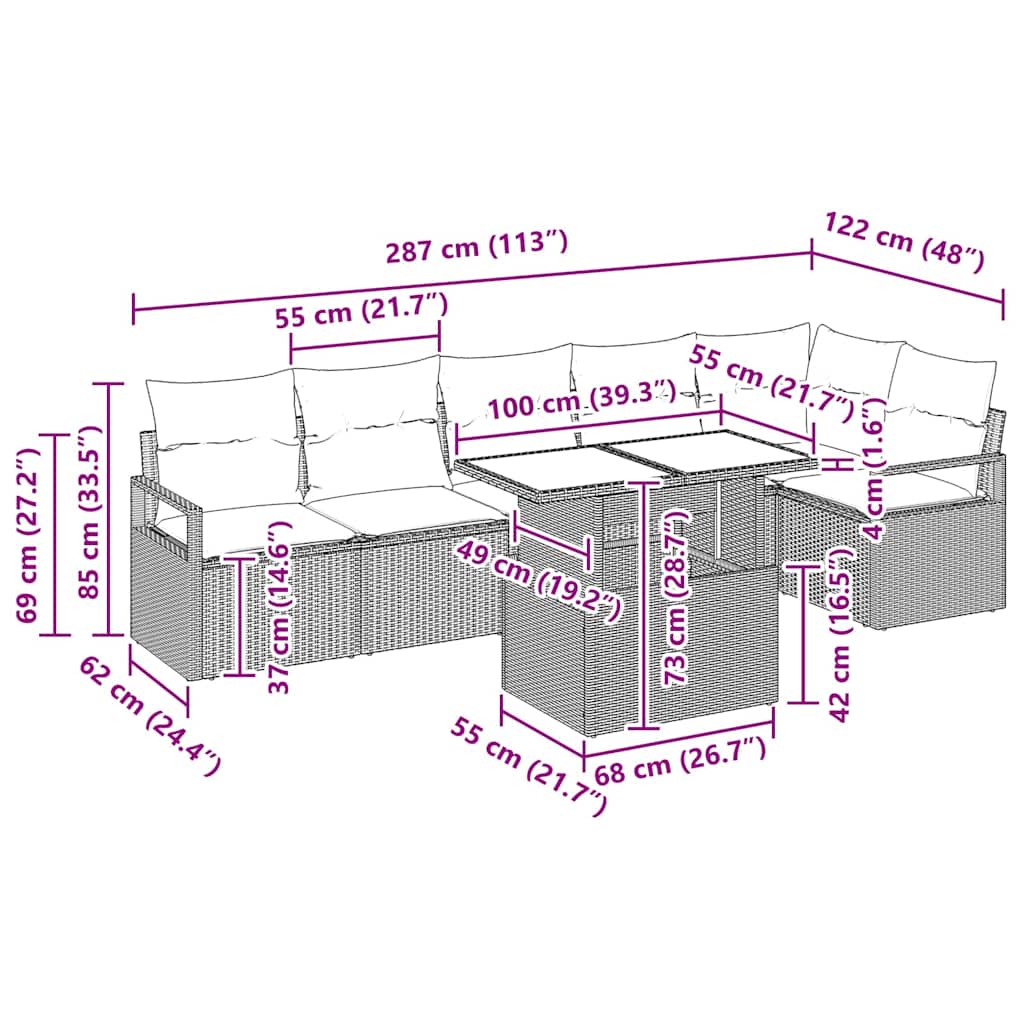 Garten-Sofa-Set mit Kissen 7 pcs Grau Poly Rattan