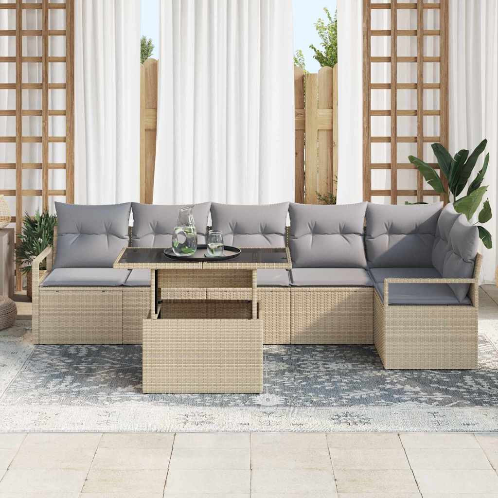 Garten-Sofa-Set mit Kissen 7 pcs Beige Poly Rattan