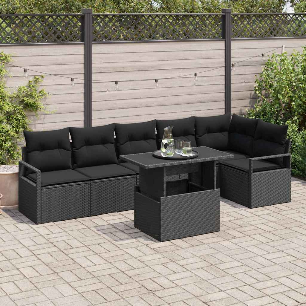 Garten-Sofa-Set mit Kissen 7 pcs Schwarz Poly Rattan