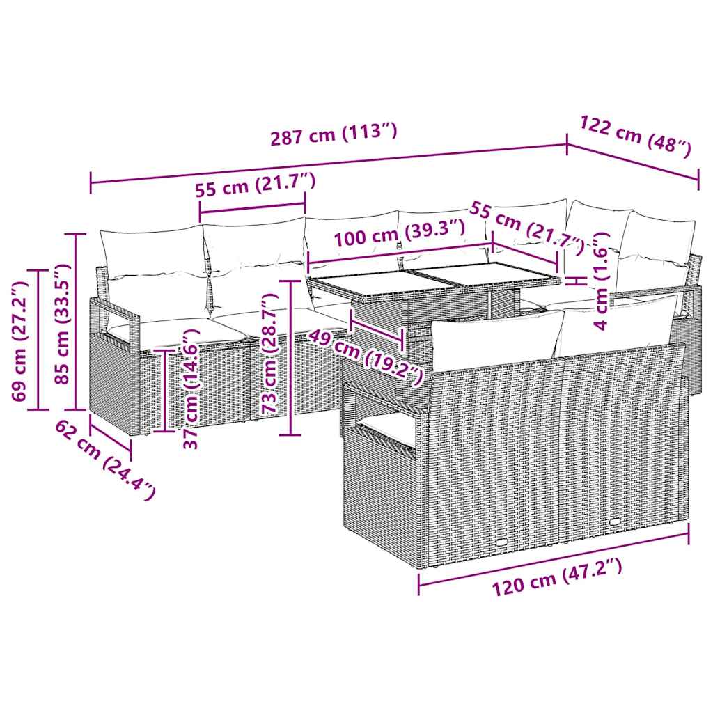 Garten-Sofa-Set 9 pcs Schwarz und Creme 100 x 55 x 73 cm