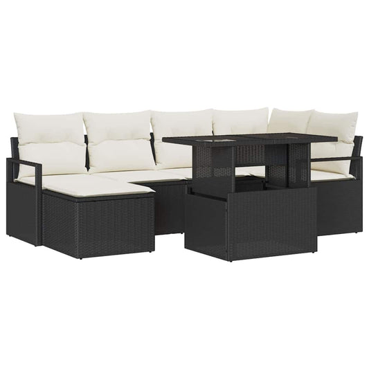 Garten-Sofa-Set mit Kissen 7 pcs Schwarz und Creme