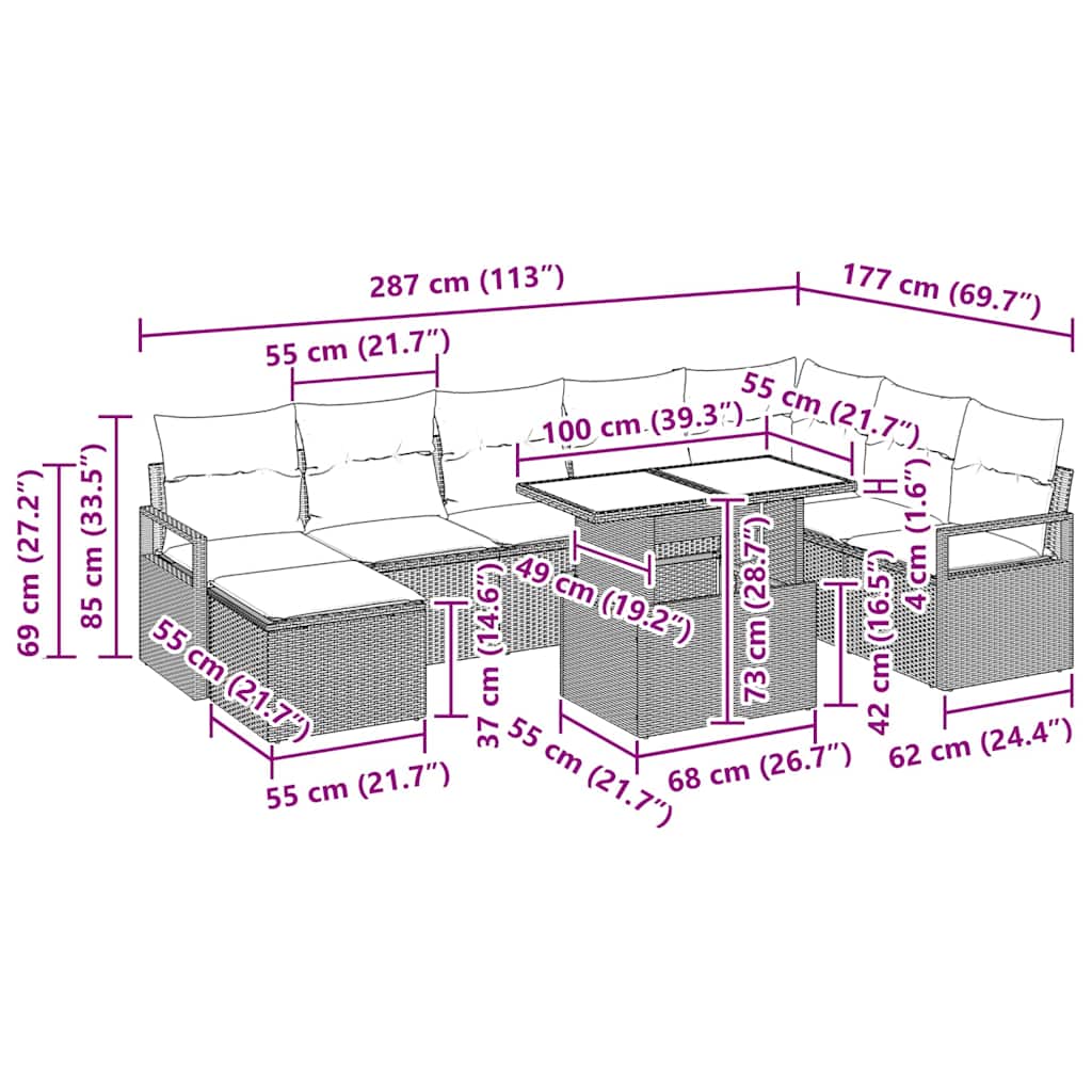 Garten-Sofa-Set mit Kissen 9 pcs Schwarz